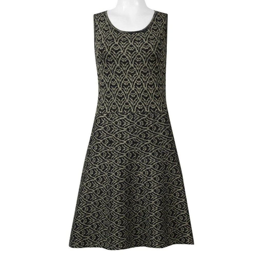 Ali Ro Sleeveless A-Line Lurex Cocktail Dress Stretch Knit Black/Gold Sz Medium